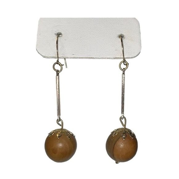 Vintage Beaded Wood Drop Earrings Silver Tone Metal Dangle French Wire - Picture 1 of 5